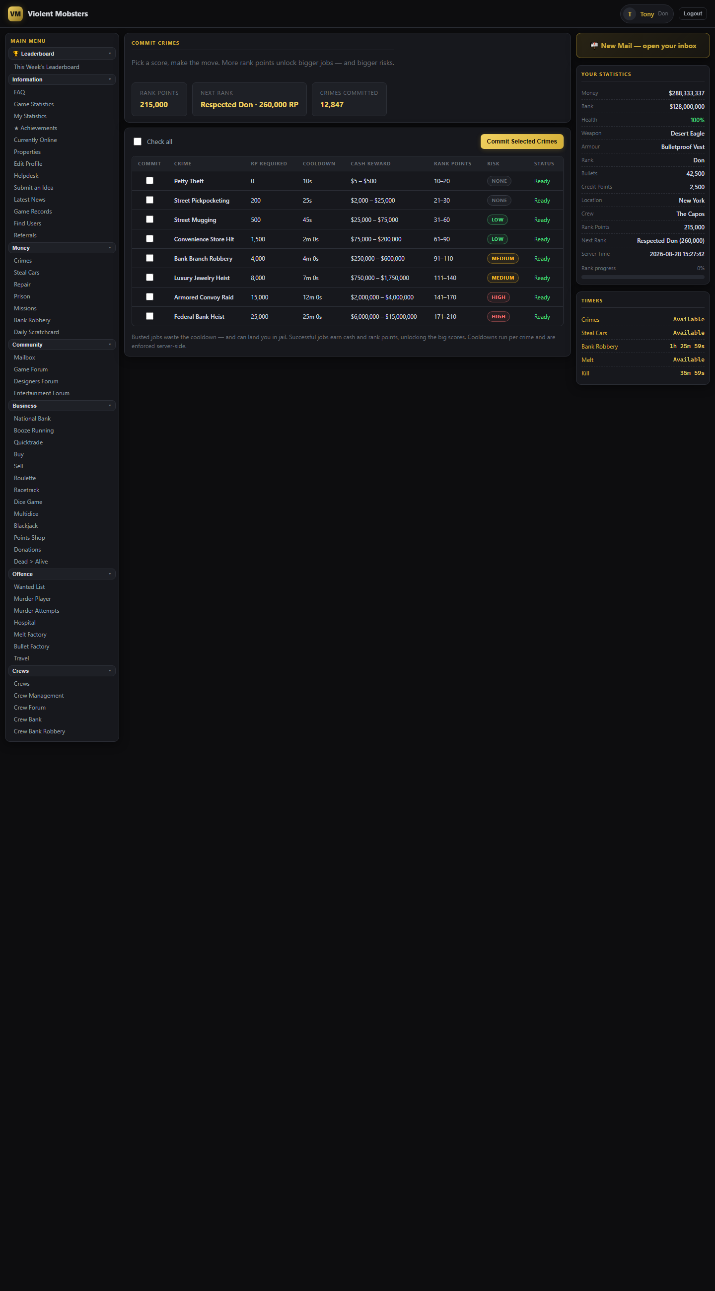 Screenshot of the Crimes page