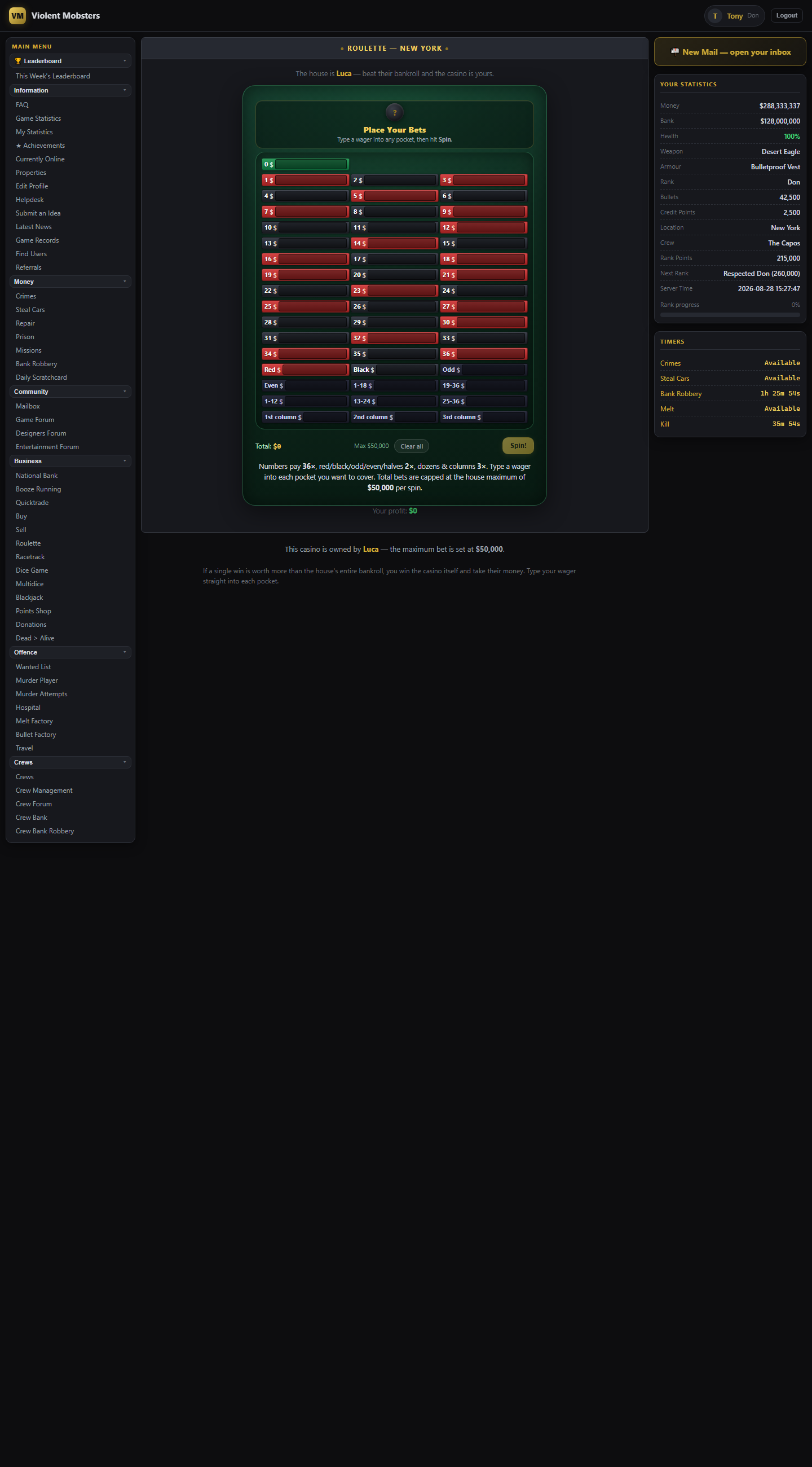 Screenshot of the Roulette casino