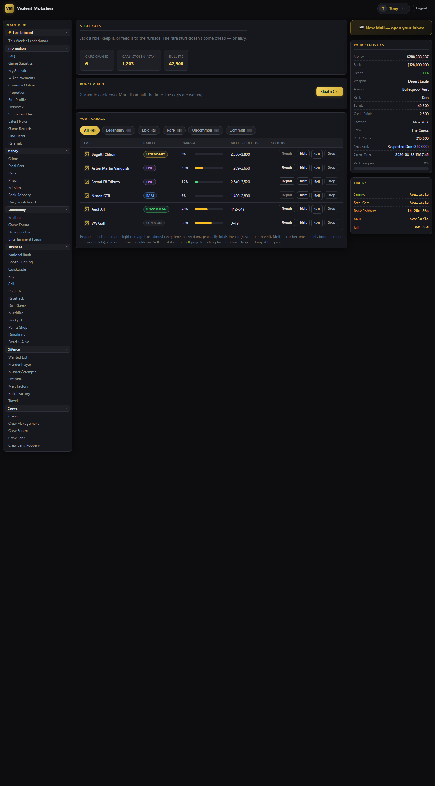 Screenshot of the Steal Cars page